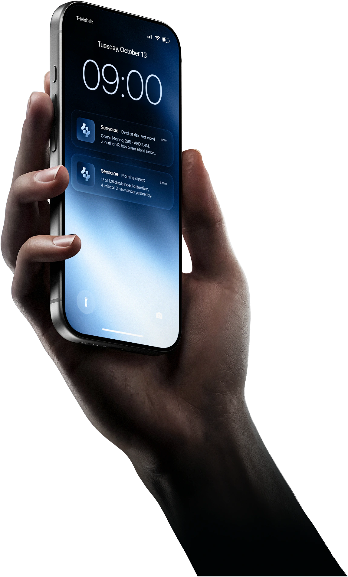 Phone showing a Sensa deal-at-risk alert and the morning digest at 09:00