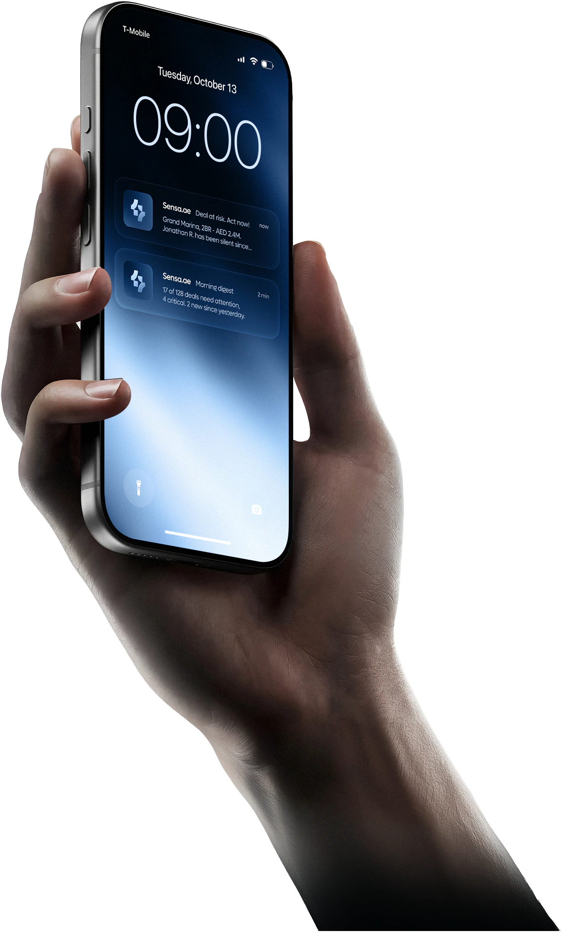 Phone showing a Sensa deal-at-risk alert and the morning digest at 09:00